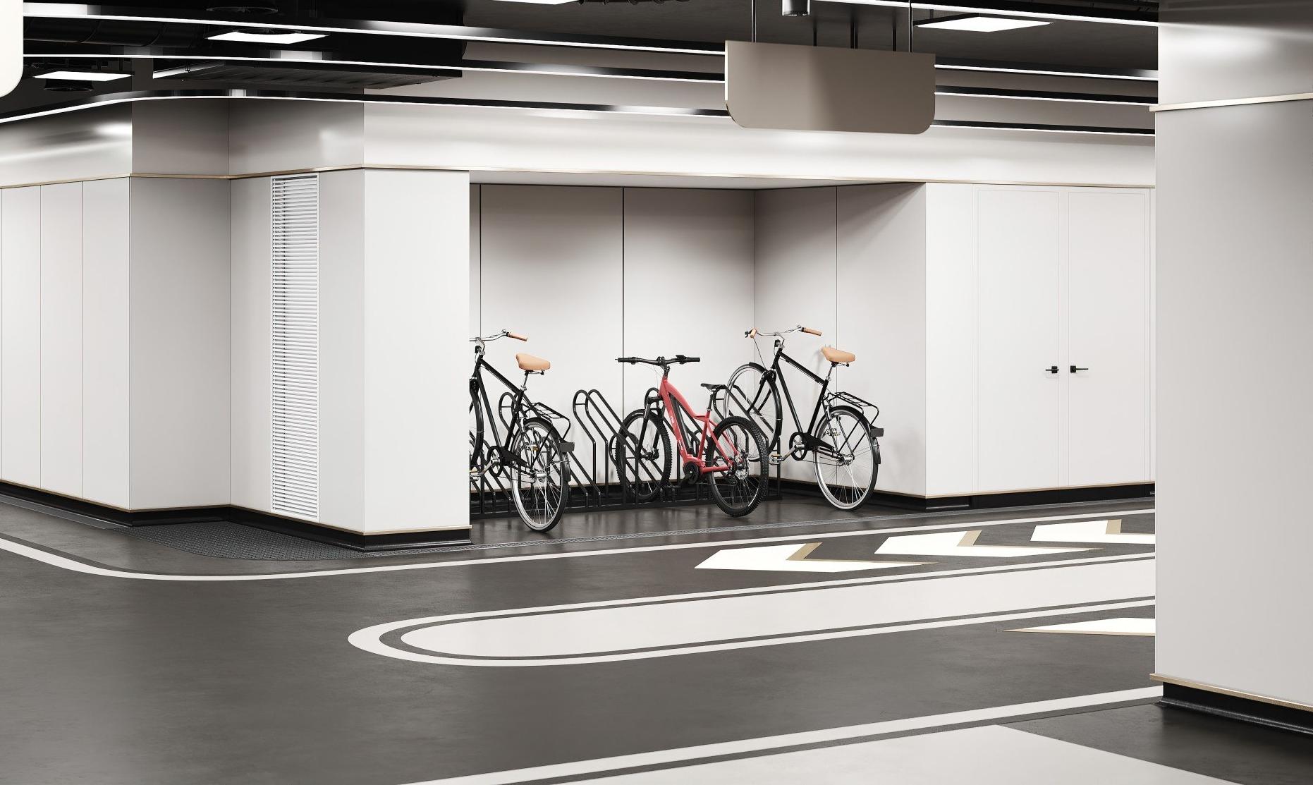 Зона хранения велосипедов на подземном паркинге
